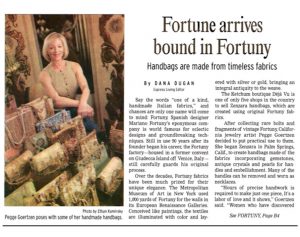 Screenshot of article in Idaho Mountain Express with a picture of Pegge and title Fortune arrives bound in Fortuny